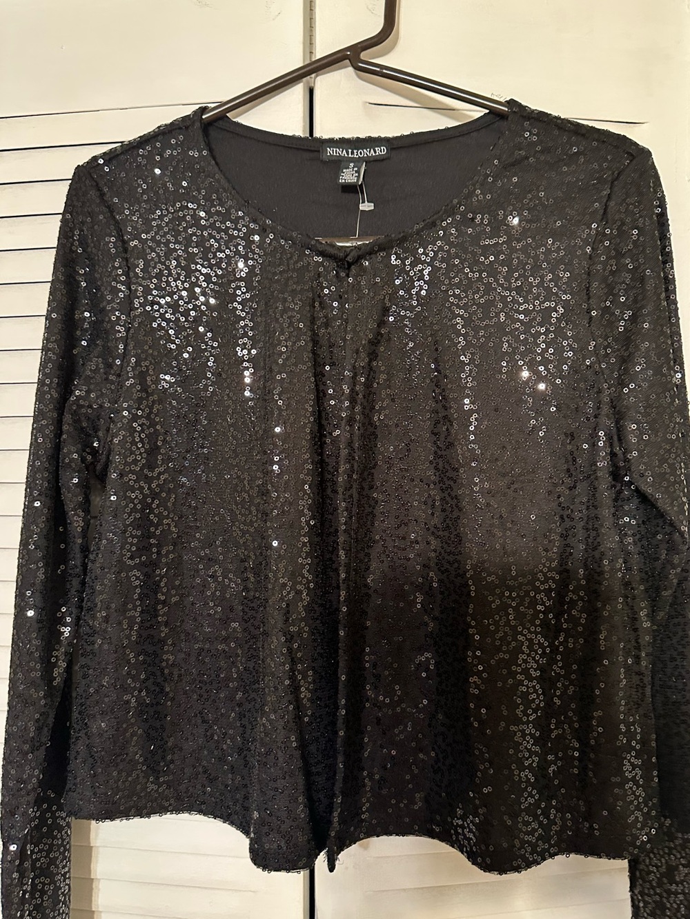 NWT Nina Leonard Black Sequined Long Sleeve Top / Cardigan – Size Small
